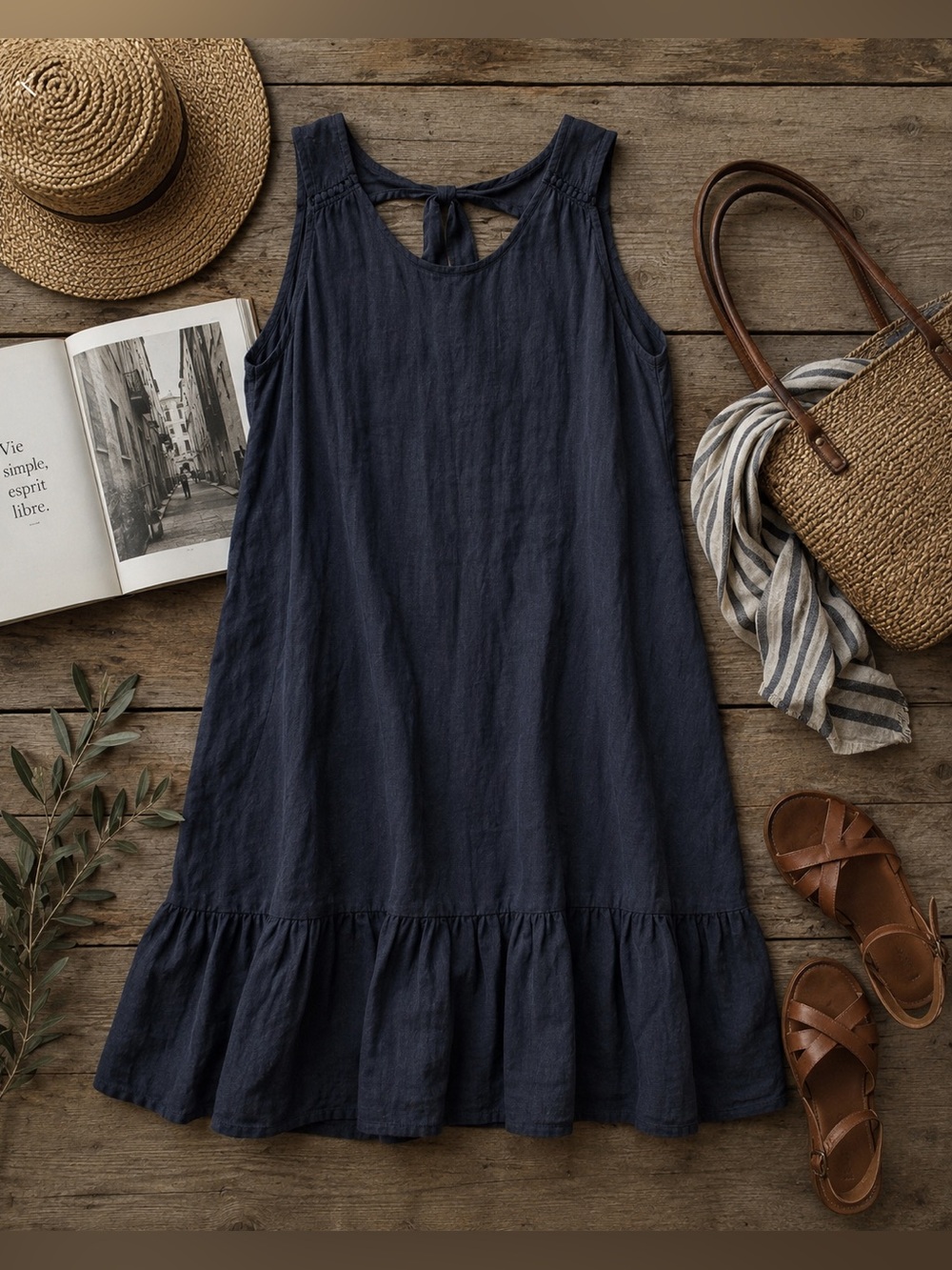 Terzo Millennio Italy Linen Cotton Midi Dress – Navy Blue – Size Large